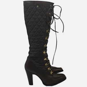 Michael Kors Tall Lace Up Quilted Heeled Boots Soft BLACK Leather 8.5M